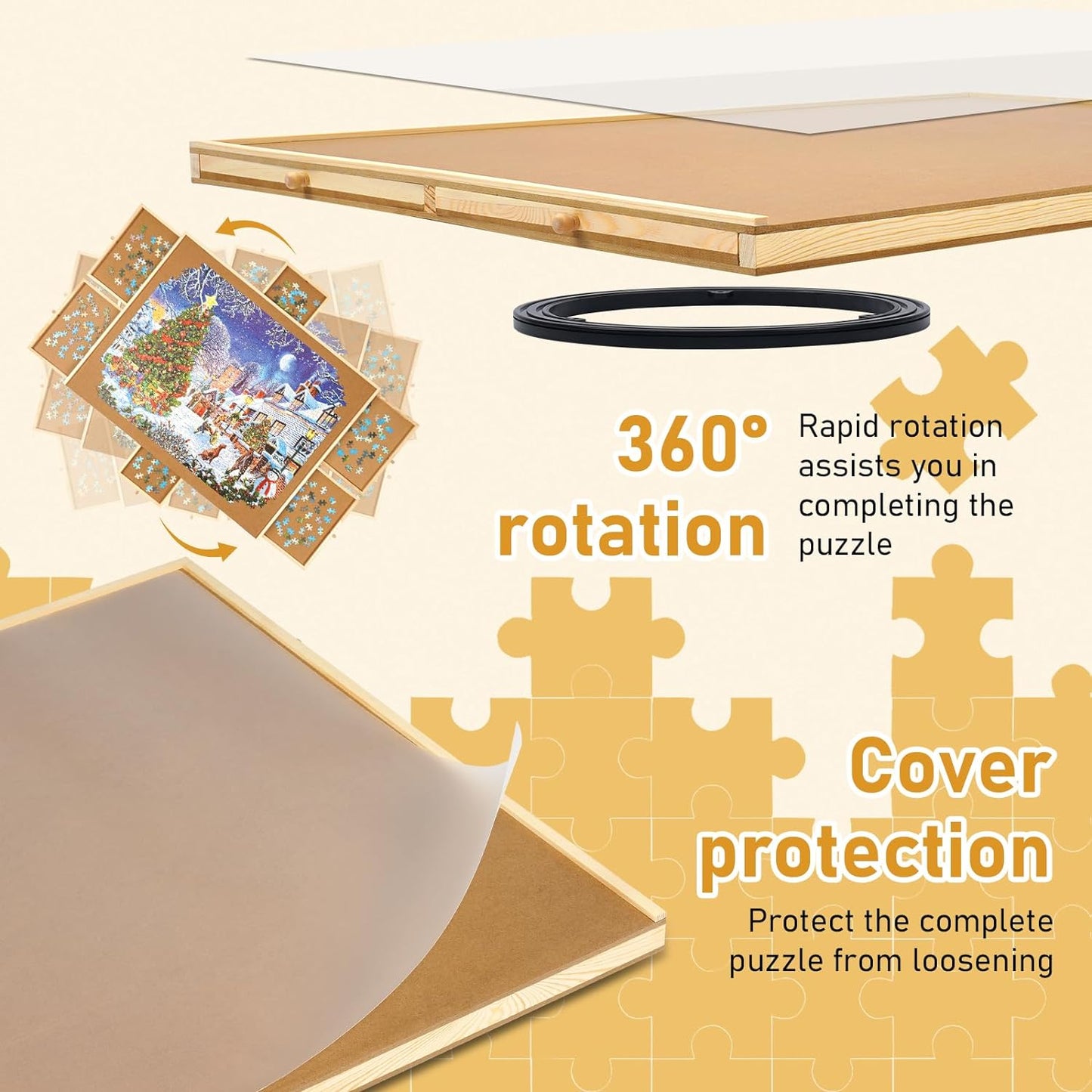 Best Gift - Rotating Jigsaw Puzzle Board with Drawer and Lid, Portable Wooden Jigsaw Puzzle Table