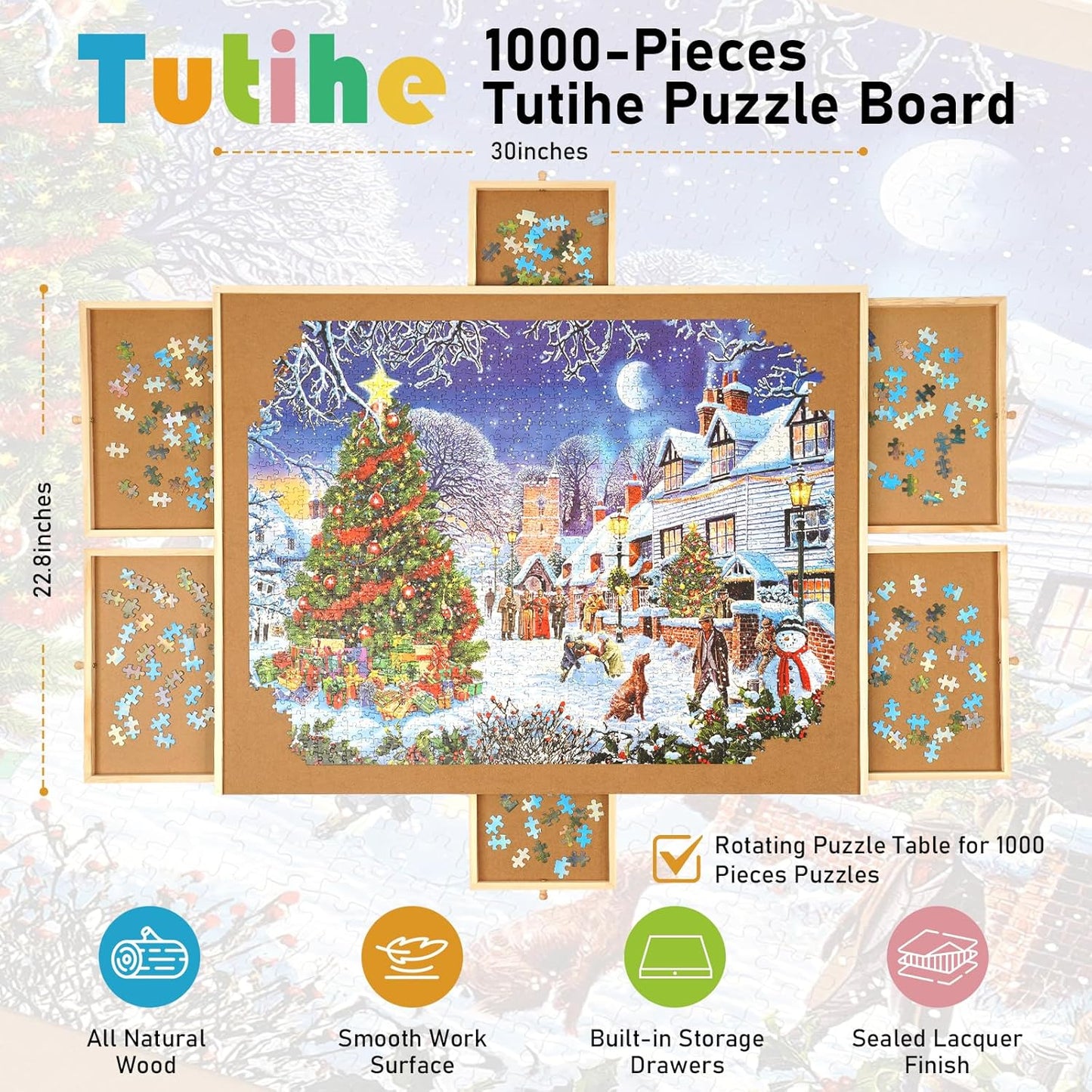 Best Gift - Rotating Jigsaw Puzzle Board with Drawer and Lid, Portable Wooden Jigsaw Puzzle Table