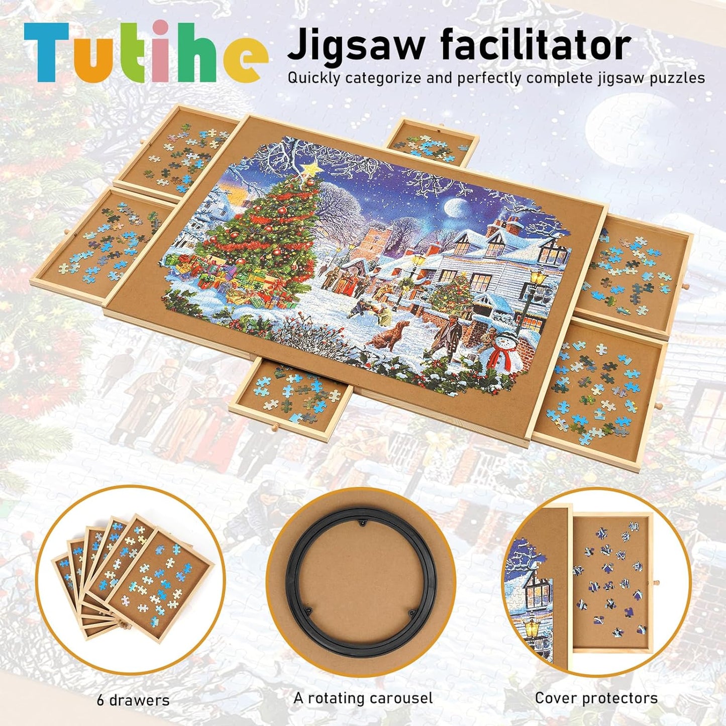 Best Gift - Rotating Jigsaw Puzzle Board with Drawer and Lid, Portable Wooden Jigsaw Puzzle Table